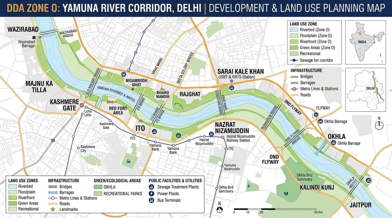 DDA Zone O Delhi Riverfront Map, ZDP, Land Use & Plots